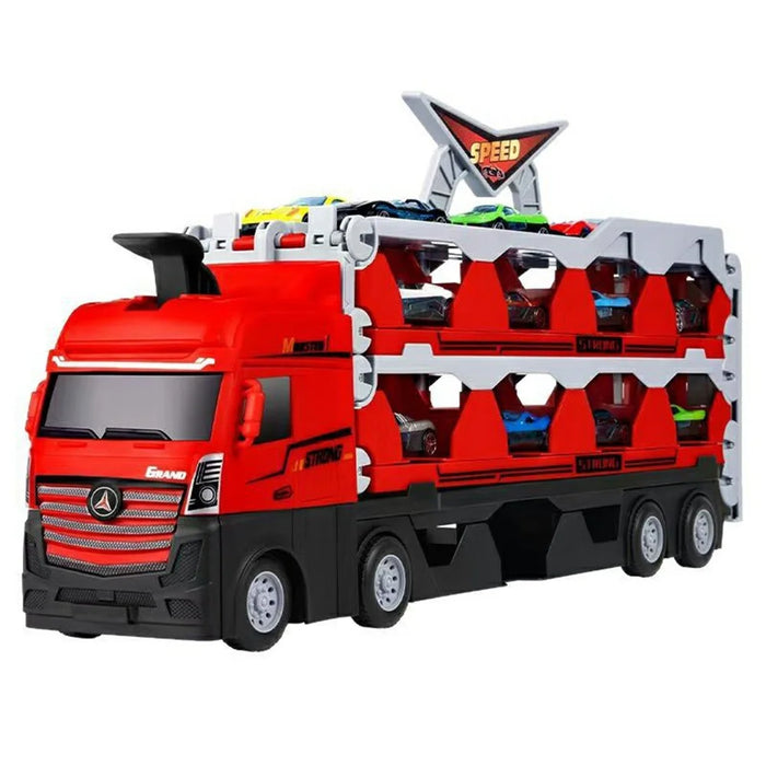 207cm Kids Deformation Ejection Truck Toy with 8 Metal Cars, Foldable Track Transforming Carrier Truck - Red - 1