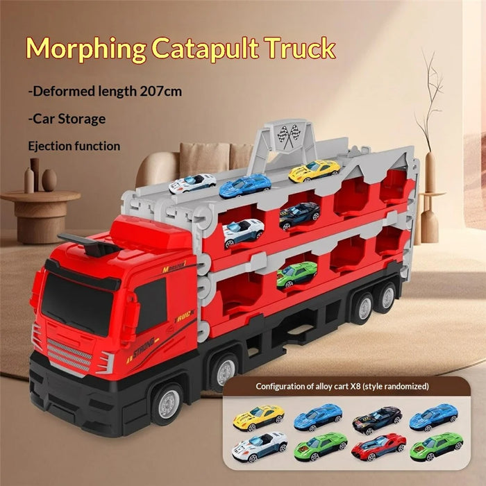 207cm Kids Deformation Ejection Truck Toy with 8 Metal Cars, Foldable Track Transforming Carrier Truck - Red - 2