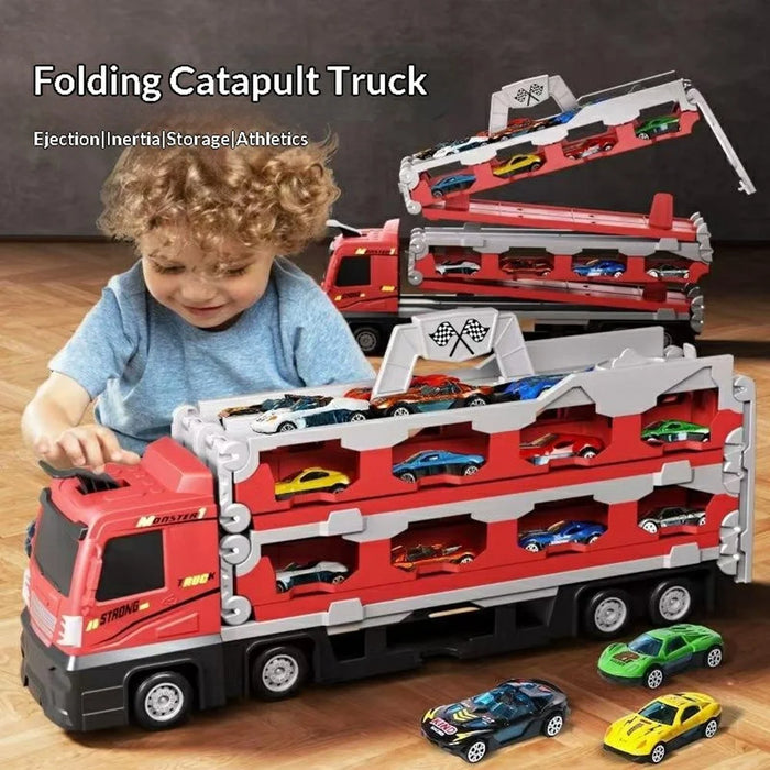 207cm Kids Deformation Ejection Truck Toy with 8 Metal Cars, Foldable Track Transforming Carrier Truck - Red - 3