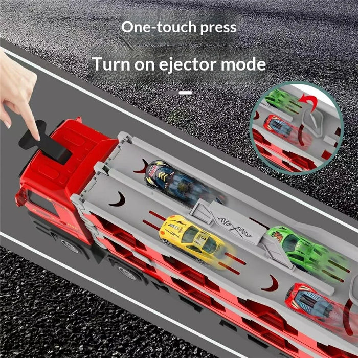 207cm Kids Deformation Ejection Truck Toy with 8 Metal Cars, Foldable Track Transforming Carrier Truck - Red - 4