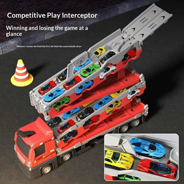 207cm Kids Deformation Ejection Truck Toy with 8 Metal Cars, Foldable Track Transforming Carrier Truck - Red - 5