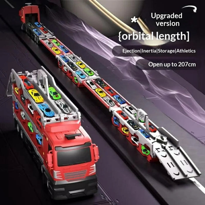 207cm Kids Deformation Ejection Truck Toy with 8 Metal Cars, Foldable Track Transforming Carrier Truck - Red - 6