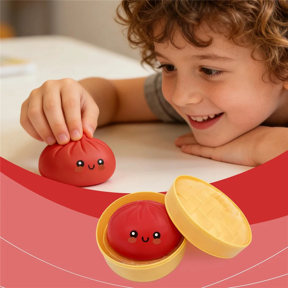 DOWMOO Red Steamed Bun Shape Squeeze Toy with Steamer Box Stress Relief Toy for Adult Kids - 1 Piece - 4