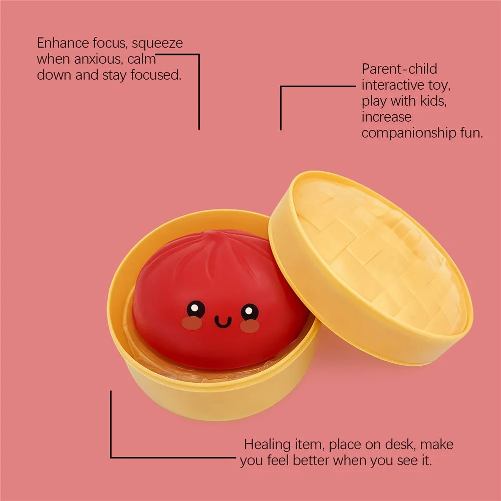 DOWMOO Red Steamed Bun Shape Squeeze Toy with Steamer Box Stress Relief Toy for Adult Kids - 1 Piece - 5