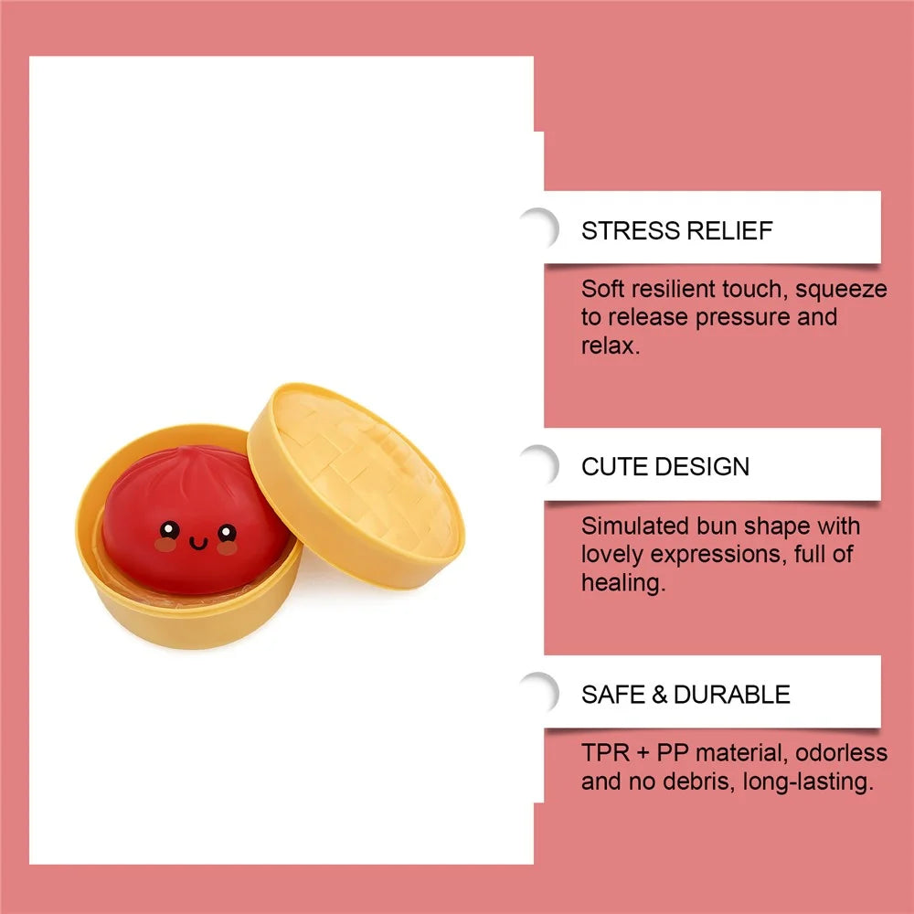 DOWMOO Red Steamed Bun Shape Squeeze Toy with Steamer Box Stress Relief Toy for Adult Kids - 1 Piece - 7
