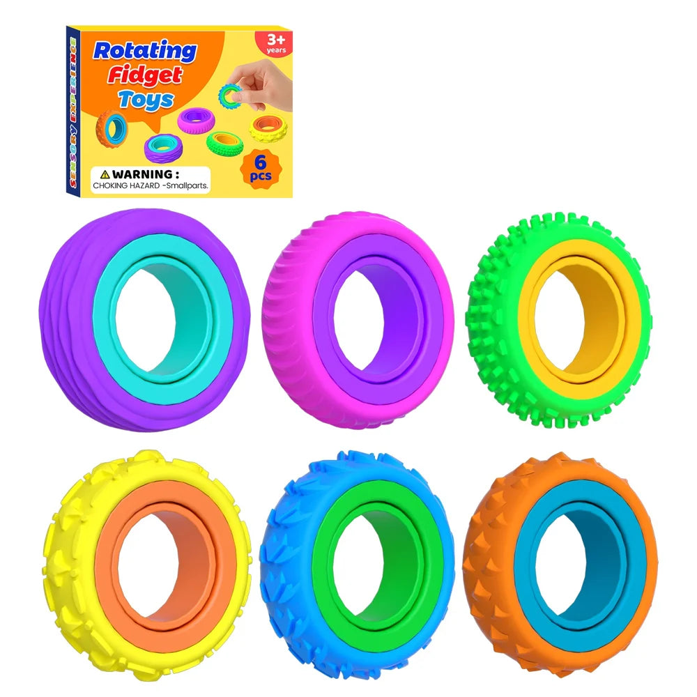 6Pcs Silicone Sensory Rings for Kids Textured Finger Spinner Rings Toy for Autism Calming Stress Relief - 1