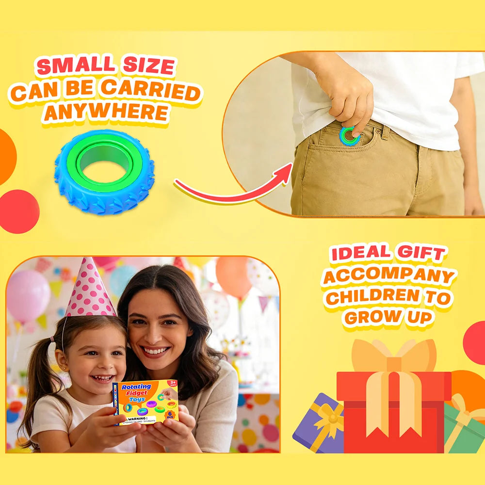 6Pcs Silicone Sensory Rings for Kids Textured Finger Spinner Rings Toy for Autism Calming Stress Relief - 6