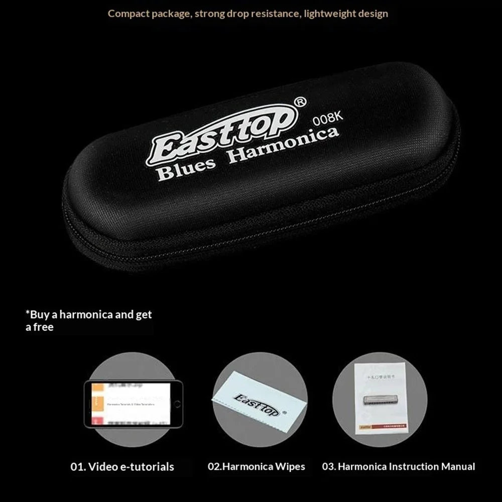 EASTTOP 008K 10 Hole Blues Harmonica Multi-Key Copper Cover Phosphor Bronze Reeds for Blues Country Jazz - A Key  /  Black - 2