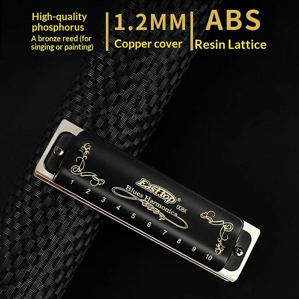 EASTTOP 008K 10 Hole Blues Harmonica Multi-Key Copper Cover Phosphor Bronze Reeds for Blues Country Jazz - A Key  /  Black - 3