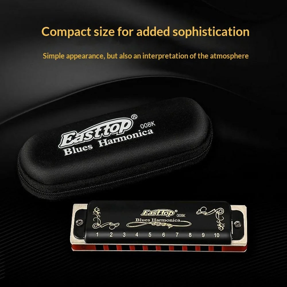 EASTTOP 008K 10 Hole Blues Harmonica Multi-Key Copper Cover Phosphor Bronze Reeds for Blues Country Jazz - A Key  /  Black - 4