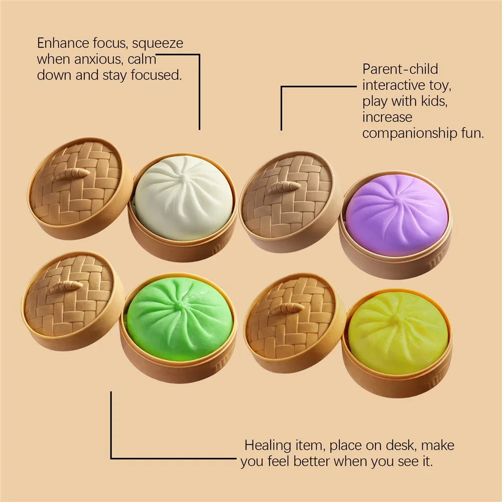 DOWMOO Steamed Bun Shape Squeeze Toy with Steamer Box Desk Decoration Stress Relief Toy for Adult Kids - Green - 5