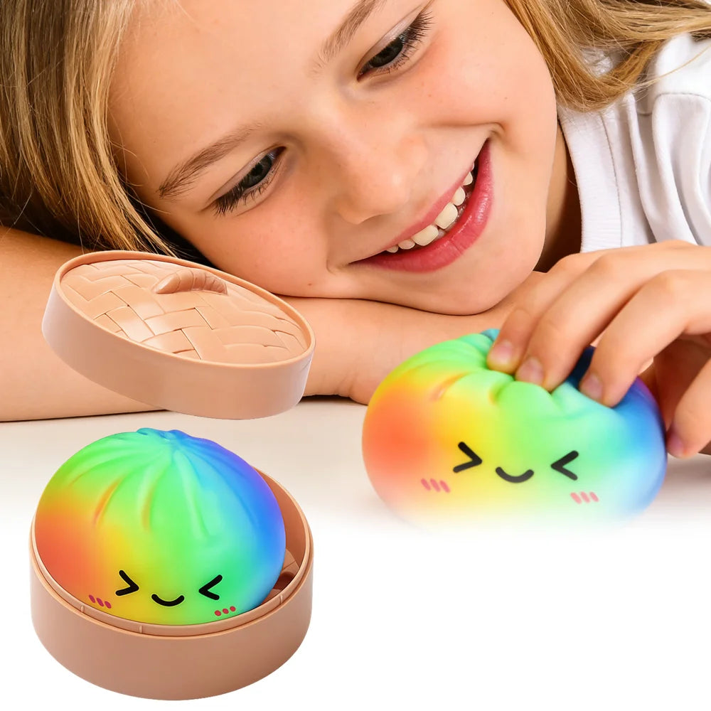 DOWMOO Rainbow Steamed Bun Shape Squeeze Toy with Steamer Box Stress Relief Toy for Adult Kids - 1 Piece - 2