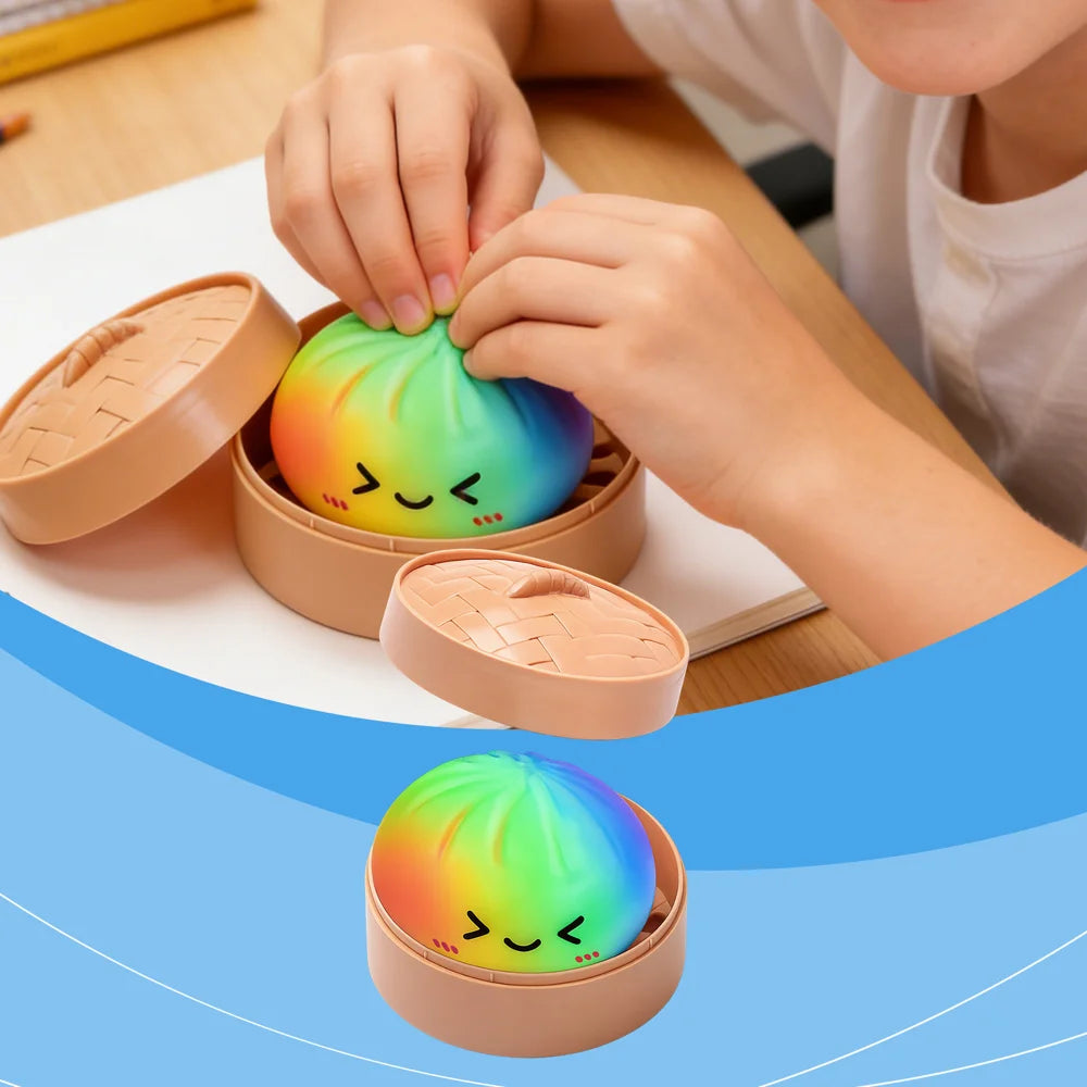 DOWMOO Rainbow Steamed Bun Shape Squeeze Toy with Steamer Box Stress Relief Toy for Adult Kids - 1 Piece - 5