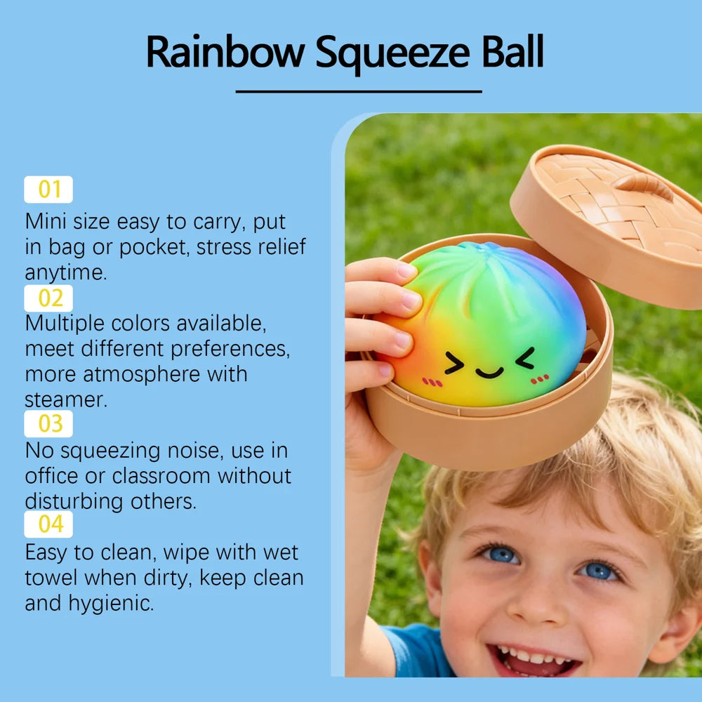 DOWMOO Rainbow Steamed Bun Shape Squeeze Toy with Steamer Box Stress Relief Toy for Adult Kids - 1 Piece - 7