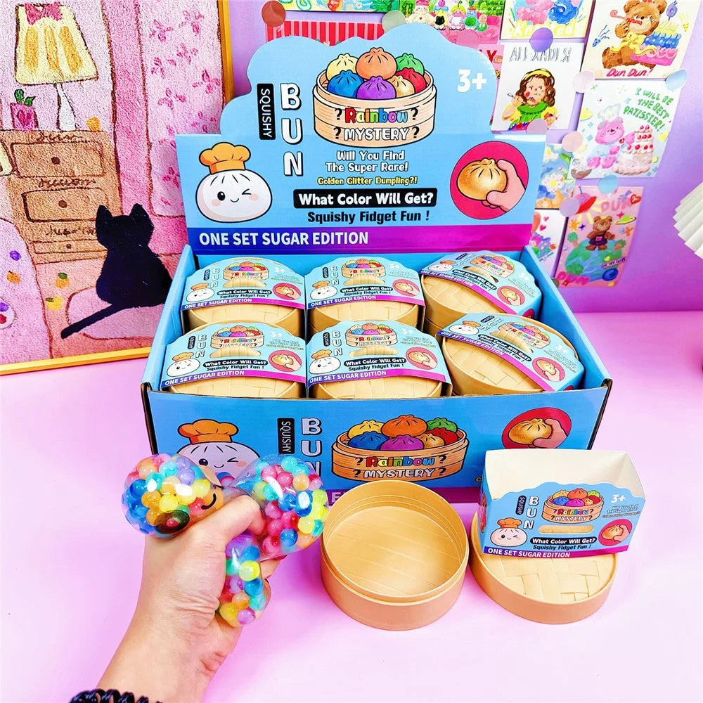12Pcs  /  Box Colorful Beads Style Squishy Bun Shape Stress Ball with Steamer Box Stress Relief Toys Squeeze Toys for Kids Adult - 1