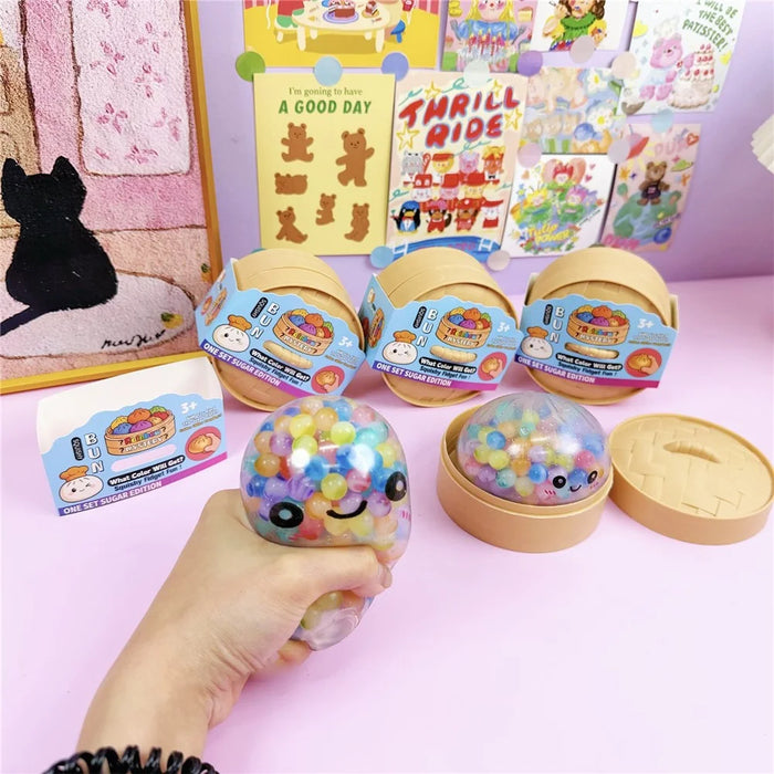 12Pcs  /  Box Colorful Beads Style Squishy Bun Shape Stress Ball with Steamer Box Stress Relief Toys Squeeze Toys for Kids Adult - 2