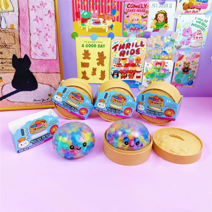 12Pcs  /  Box Colorful Beads Style Squishy Bun Shape Stress Ball with Steamer Box Stress Relief Toys Squeeze Toys for Kids Adult - 3