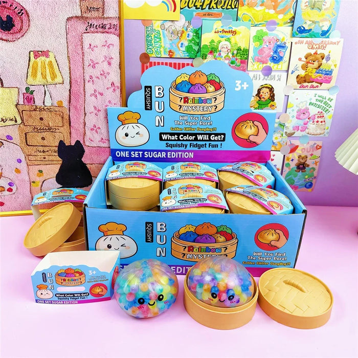 12Pcs  /  Box Colorful Beads Style Squishy Bun Shape Stress Ball with Steamer Box Stress Relief Toys Squeeze Toys for Kids Adult - 4