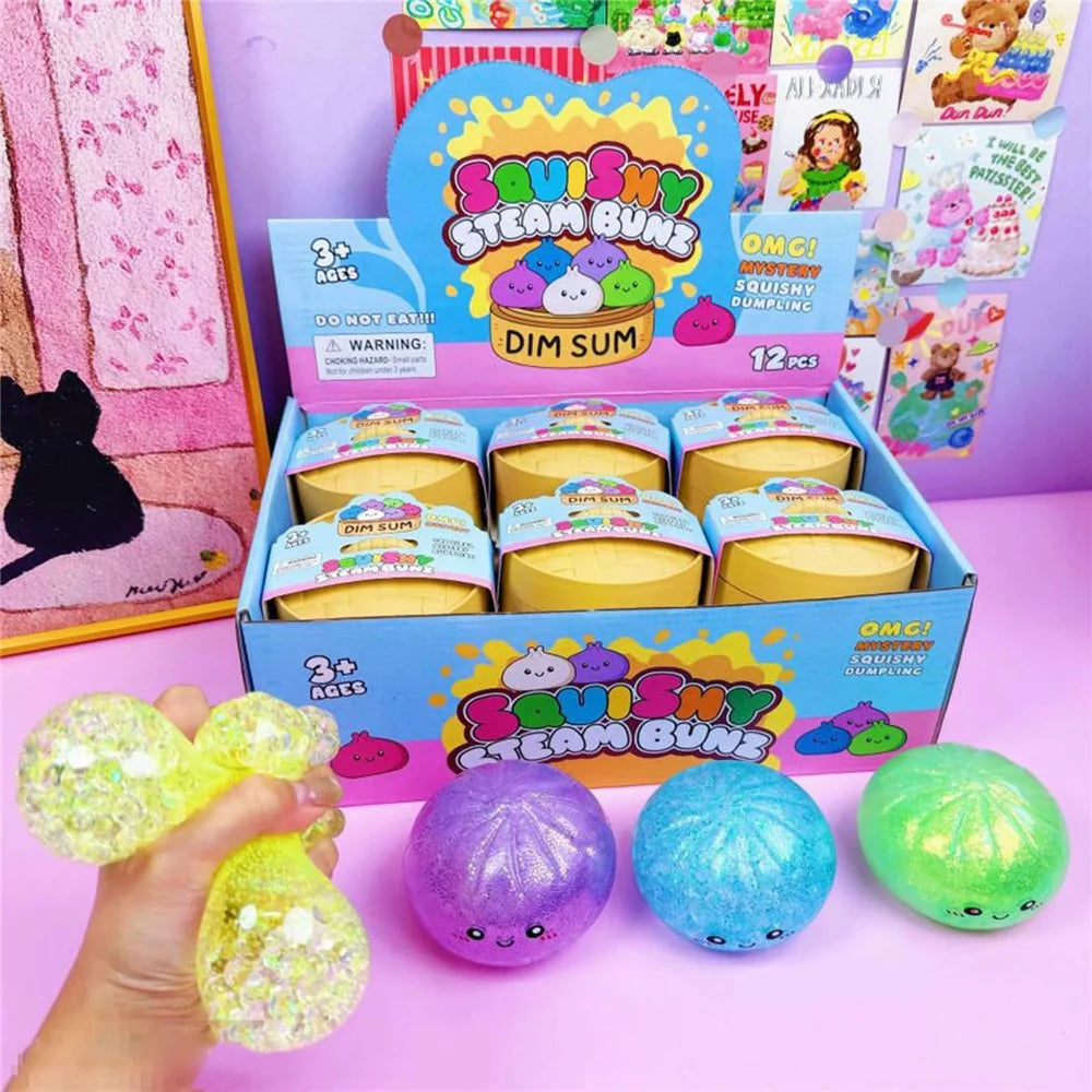 12Pcs  /  Box Glitter Face Style Squishy Bun Shape Stress Balls with Steamer Box Stress Relief Toys Squeeze Toys for Kids Adult - 2