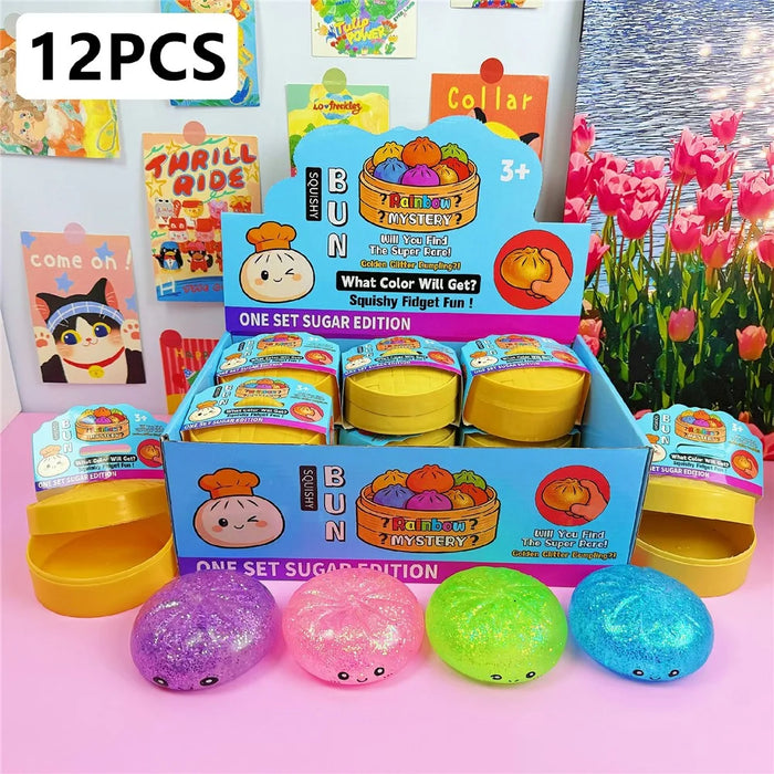 12Pcs  /  Box Glitter Colorful Style Squishy Bun Shape Stress Ball with Steamer Box Stress Relief Toys Squeeze Toys for Kids Adult - 1