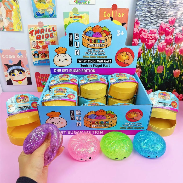 12Pcs  /  Box Glitter Colorful Style Squishy Bun Shape Stress Ball with Steamer Box Stress Relief Toys Squeeze Toys for Kids Adult - 2
