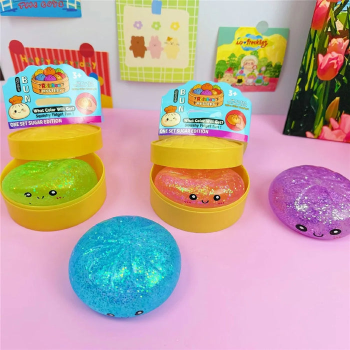 12Pcs  /  Box Glitter Colorful Style Squishy Bun Shape Stress Ball with Steamer Box Stress Relief Toys Squeeze Toys for Kids Adult - 3