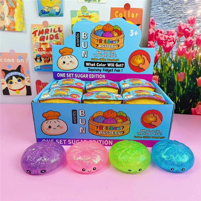 12Pcs  /  Box Glitter Colorful Style Squishy Bun Shape Stress Ball with Steamer Box Stress Relief Toys Squeeze Toys for Kids Adult - 5