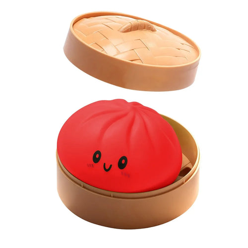 DOWMOO Cute Steamed Bun Shape Squeeze Toy with Steamer Box Slow Rising Stress Relief Toy Desktop Decoration - Bright Red - 1