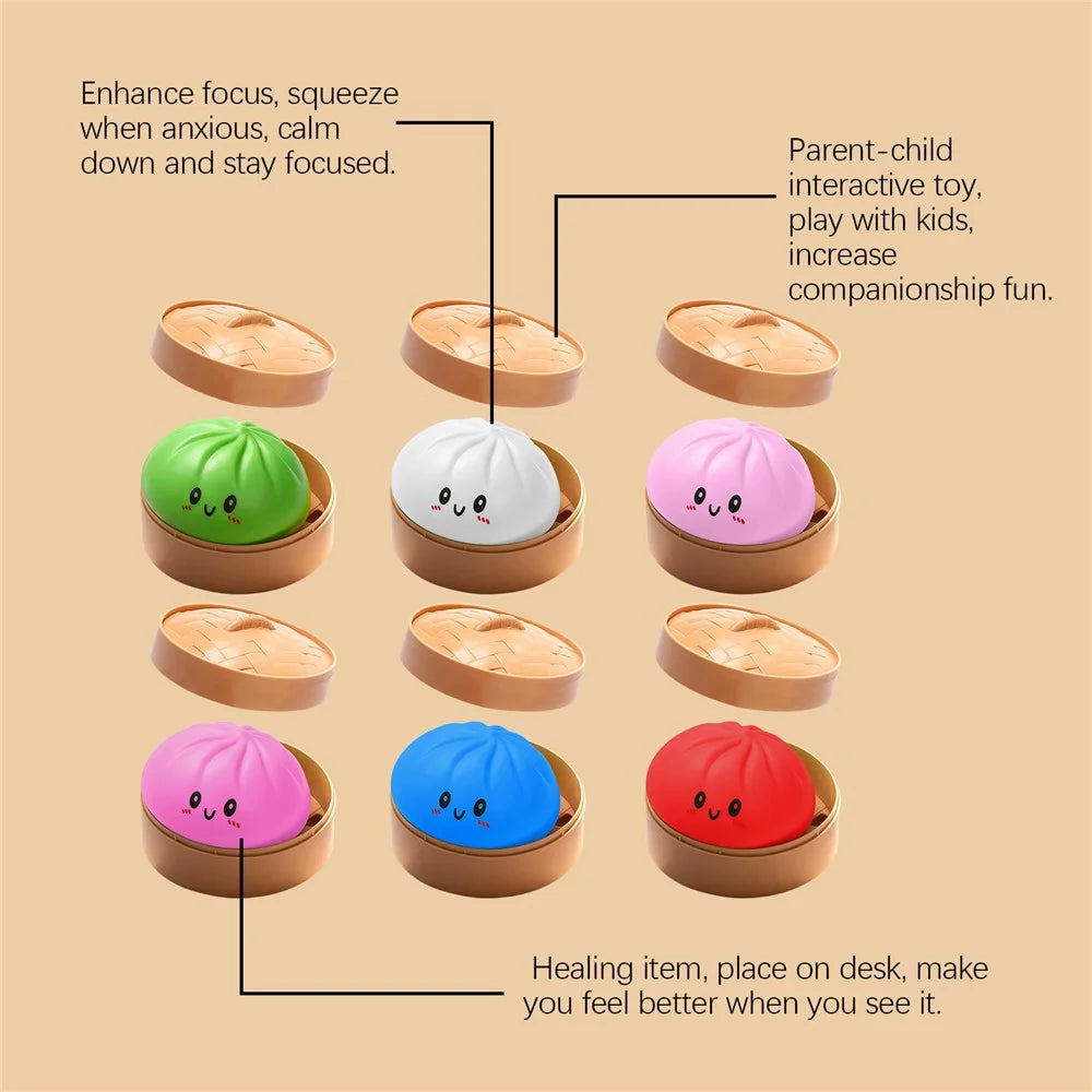 DOWMOO Cute Steamed Bun Shape Squeeze Toy with Steamer Box Slow Rising Stress Relief Toy Desktop Decoration - Bright Red - 6