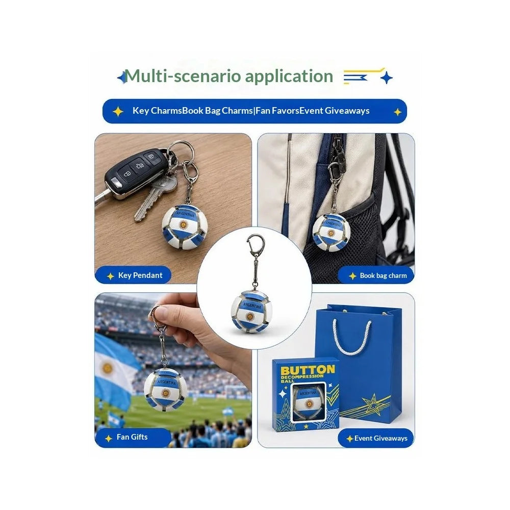 Football Keychain with LED Light Country Flag Pattern Purse Bag Key Chain Press Button Decompression Ball Fidget Toy for Stress Relief - Argentina - 4
