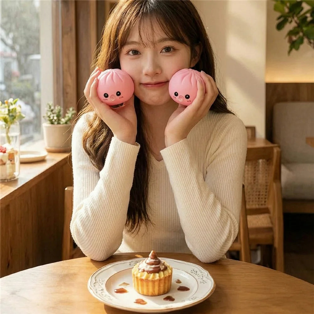8cm Steamed Bun Shape Squishy Toy with Steamer Box Slow Rising Stress Relief Fidget Toy - Pink - 7