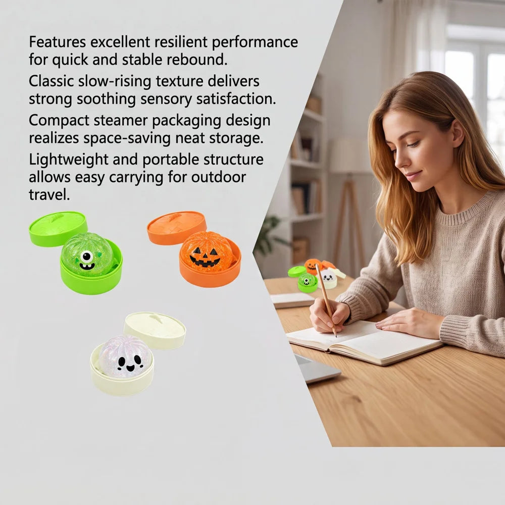 DOWMOO Halloween Steamed Bun Squeeze Toy Slow Rising Soft TPR Stress Relief Toy - Orange Pumpkin - 3