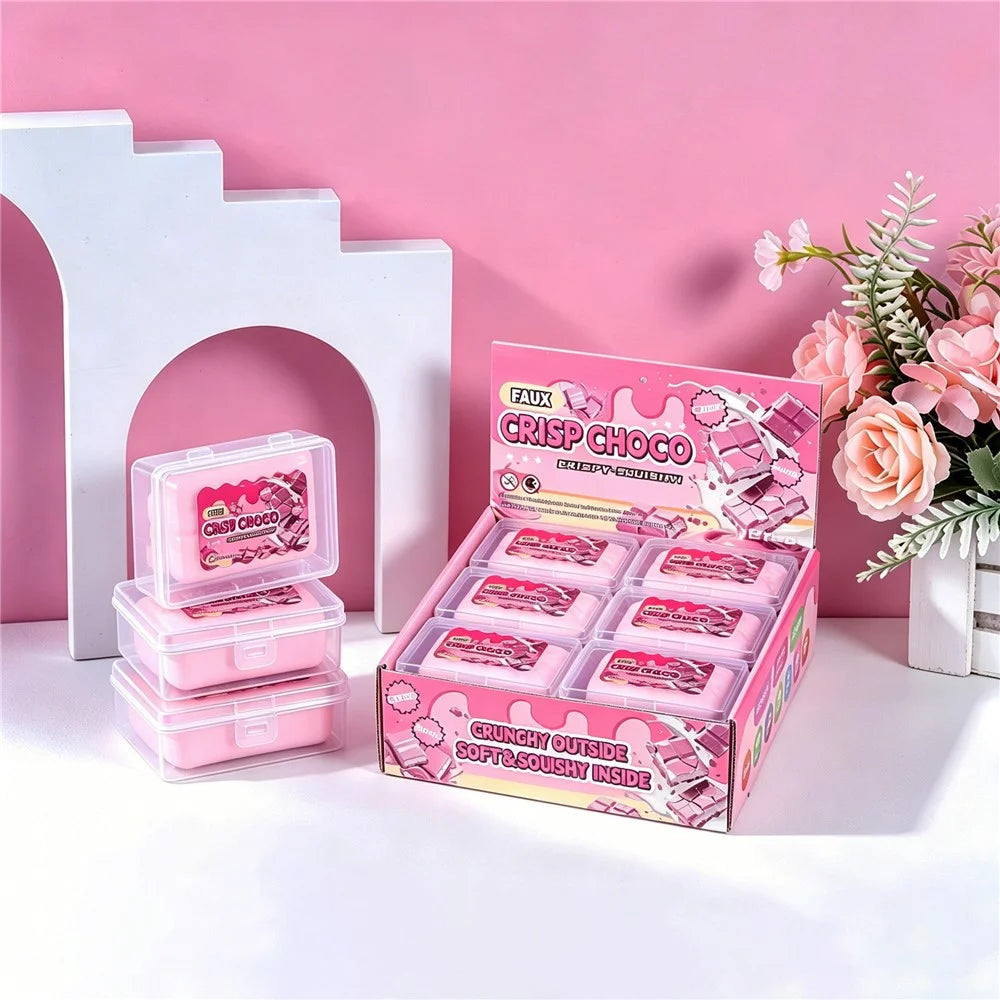 12Pcs Chocolate / Donut / Cat Paw / Rainbow Candy Crispy Squeeze Toy Stress Relief for Kids Adults - Pink Chocolate - 2
