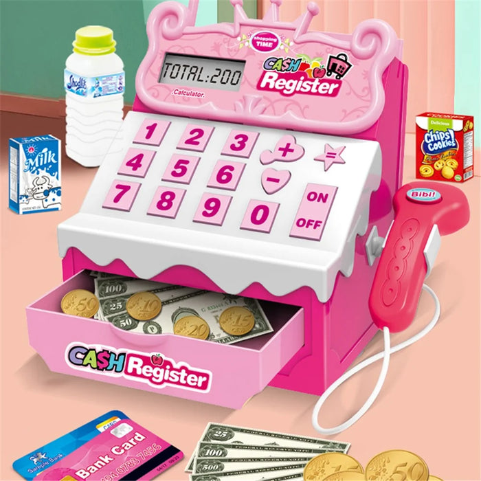 Kids Shopping Cash Register Toy Mini Supermarket Set Simulation Food Calculation Checkout Counter Pretend Play Toy - Pink - 2