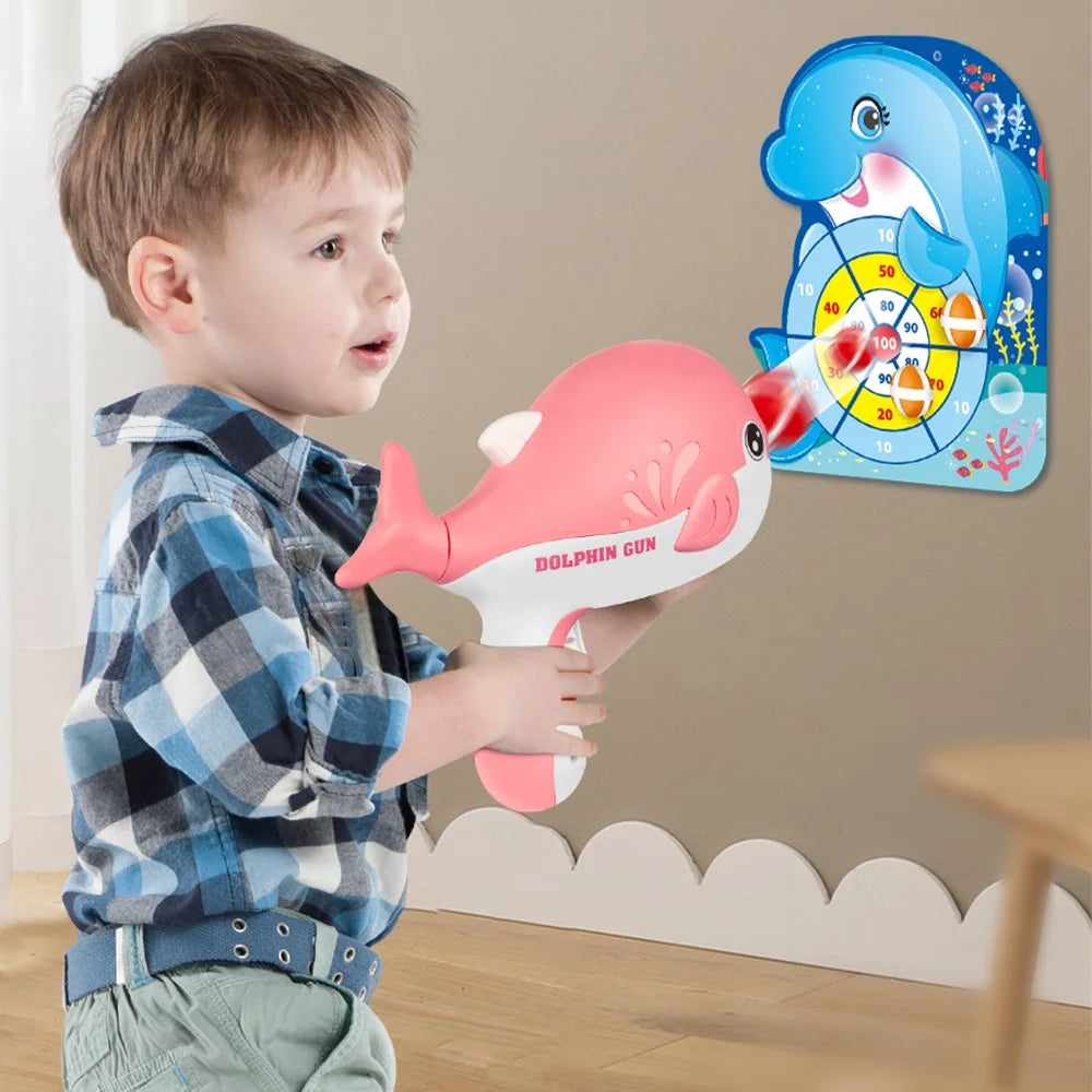 HP988A Children Cute Dolphin Gun Toy Shooting Sticky Ball Set Toy with Target Indoor Outdoor Parent-Child Competitive Toys - Pink - 2