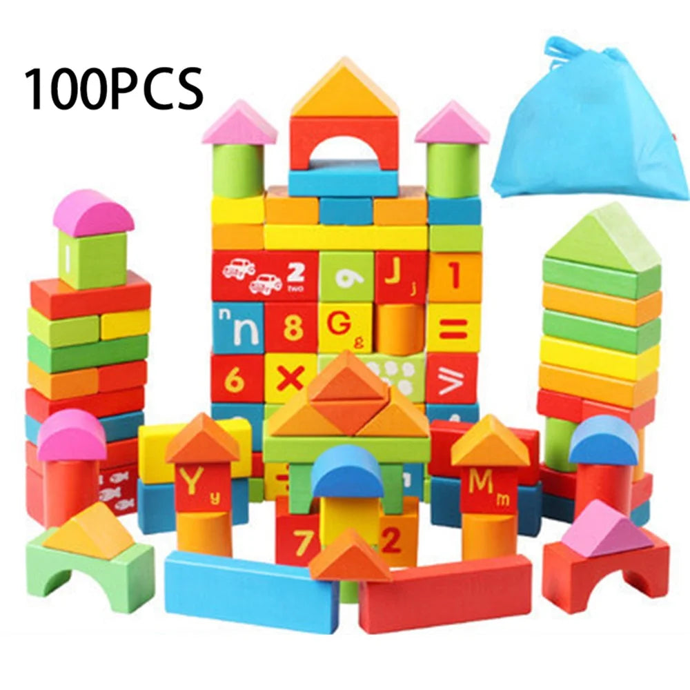 100Pcs / Set Building Block Play Kit Beech Wood Stacking Colorful Blocks Kids Educational Toy - 1