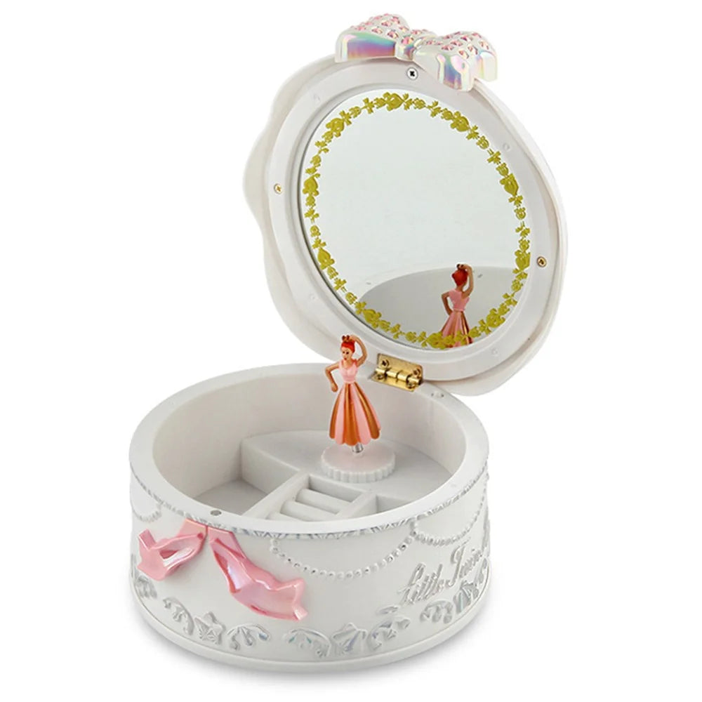 9216 Built-in Mirror Rotating Music Box Jewelry Ornamental Necklace Organizer Case Girls Birthday Gift - White - 3