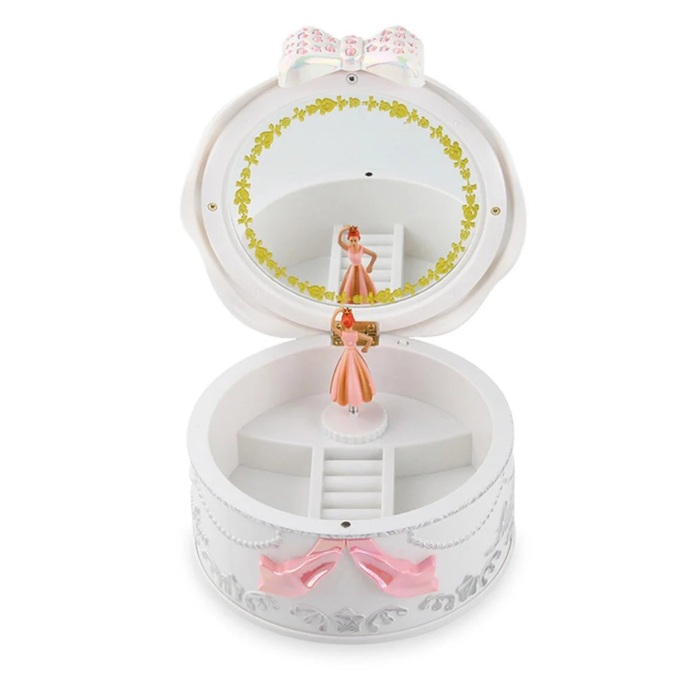9216 Built-in Mirror Rotating Music Box Jewelry Ornamental Necklace Organizer Case Girls Birthday Gift - White - 6