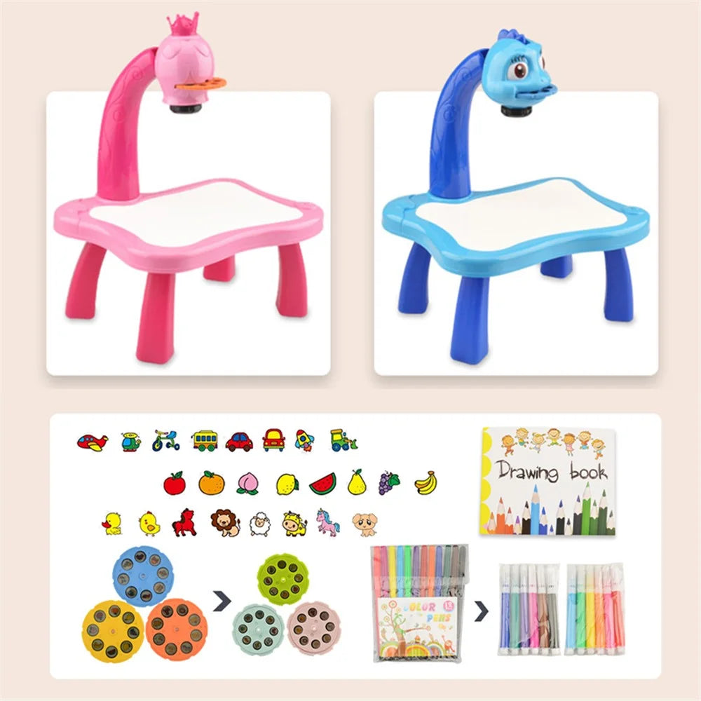 Electric Children Projector Drawing Board with Lights / Music Baby Early Educational Toy Graffiti Painting Board Erasable Writing Board - 6776 Pink - 2