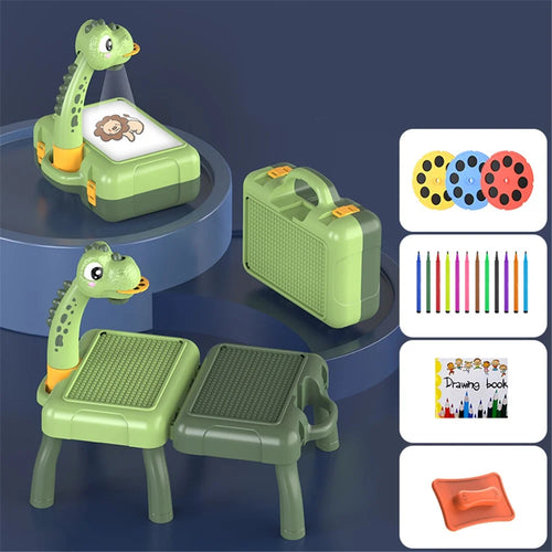 Kids Cartoon Dinosaurs / Deer LED Projection Painting Table Writing Drawing Board Children Educational Toy with Music and Light - Green - 1