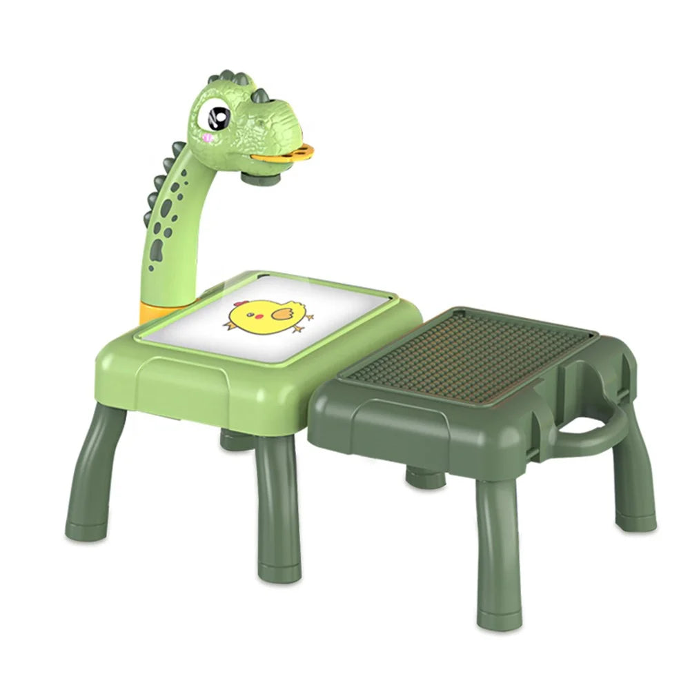 Kids Cartoon Dinosaurs / Deer LED Projection Painting Table Writing Drawing Board Children Educational Toy with Music and Light - Green - 2