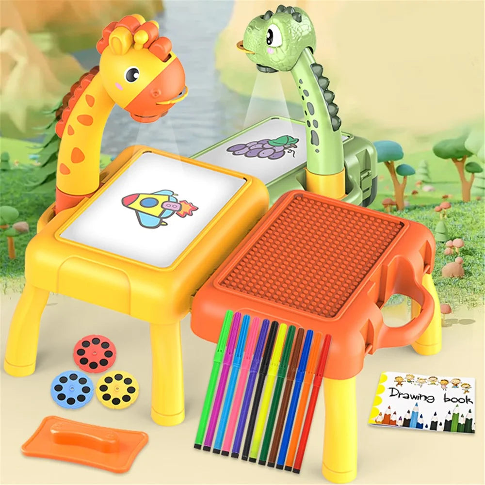 Kids Cartoon Dinosaurs / Deer LED Projection Painting Table Writing Drawing Board Children Educational Toy with Music and Light - Green - 6