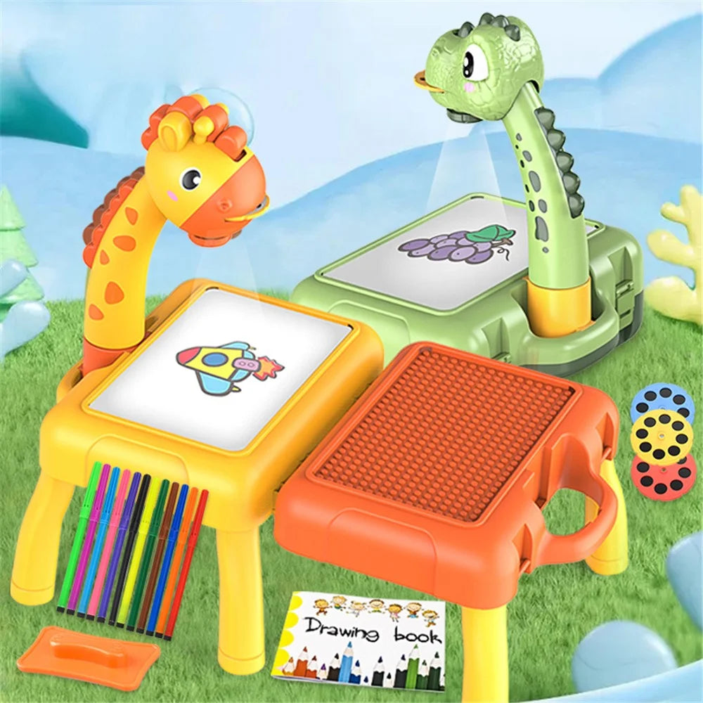 Kids Cartoon Dinosaurs / Deer LED Projection Painting Table Writing Drawing Board Children Educational Toy with Music and Light - Green - 7