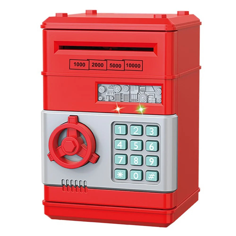 7901 Kids Cartoon Electronic ATM Password Piggy Bank Cash Coin Can Auto Scroll Paper Money Saving Box Gift - Red - 1