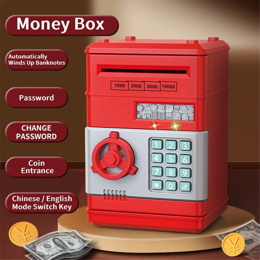 7901 Kids Cartoon Electronic ATM Password Piggy Bank Cash Coin Can Auto Scroll Paper Money Saving Box Gift - Red - 2