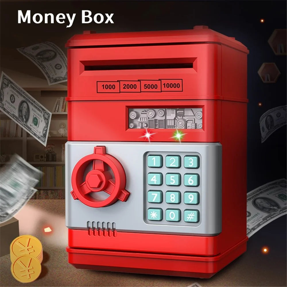 7901 Kids Cartoon Electronic ATM Password Piggy Bank Cash Coin Can Auto Scroll Paper Money Saving Box Gift - Red - 3