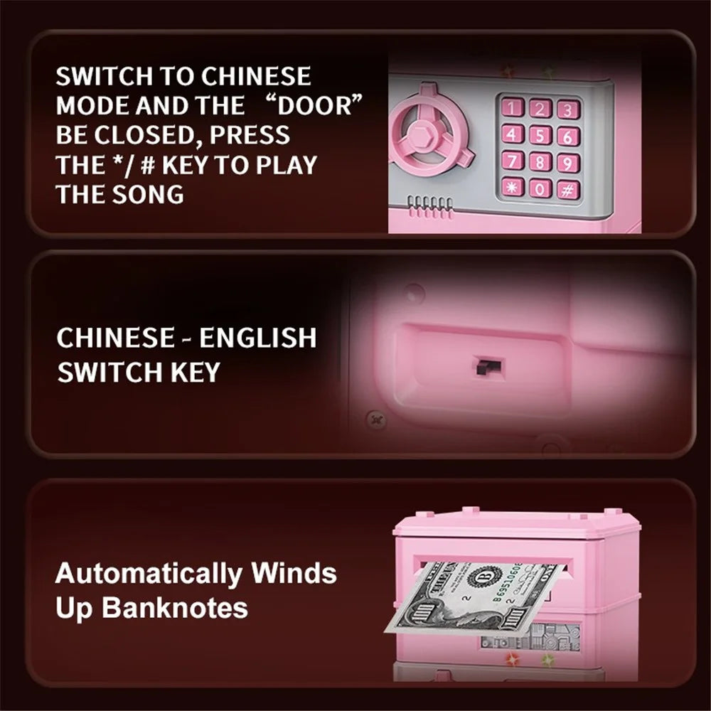 7901 Kids Cartoon Electronic ATM Password Piggy Bank Cash Coin Can Auto Scroll Paper Money Saving Box Gift - Red - 7
