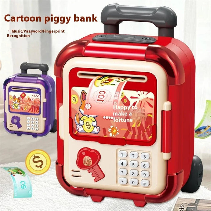 2629-T7 / T8 Automatic Piggy Bank for Kids Rolling Luggage Design with Music, Smart Password Lock, Fingerprint Recognition, Savings Toy - Red - 2