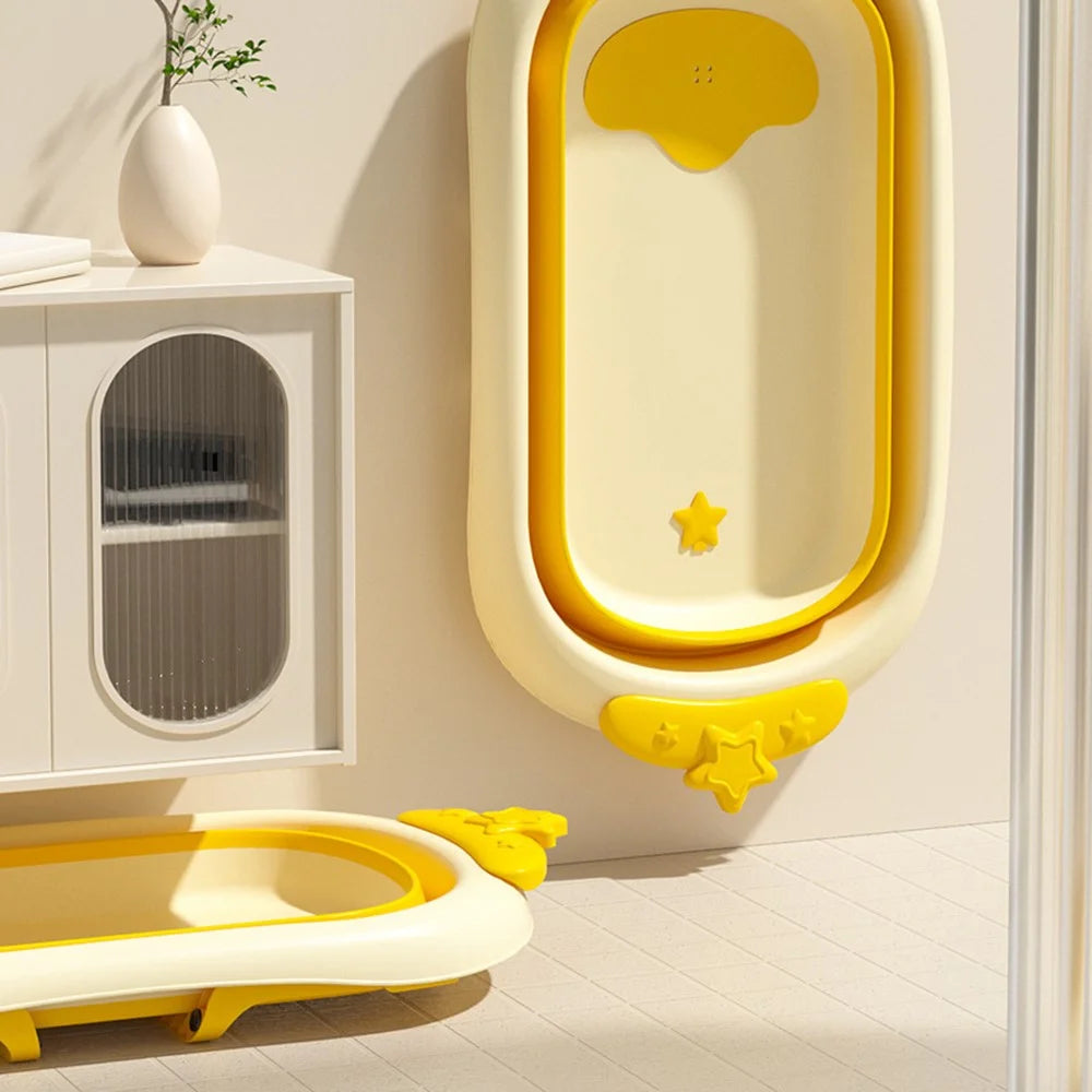Cartoon Children Bathtub Baby Newborn Folding Bath Bucket with Heat Sensitive Drain Plug ST - Yellow - 7
