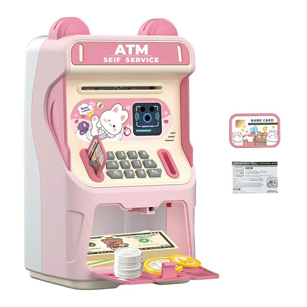 24529A Kids Auto-Roll ATM Money Musical Piggy Bank Gift Electronic Password Lock Deposit  /  Withdraw Toy - Pink - 1